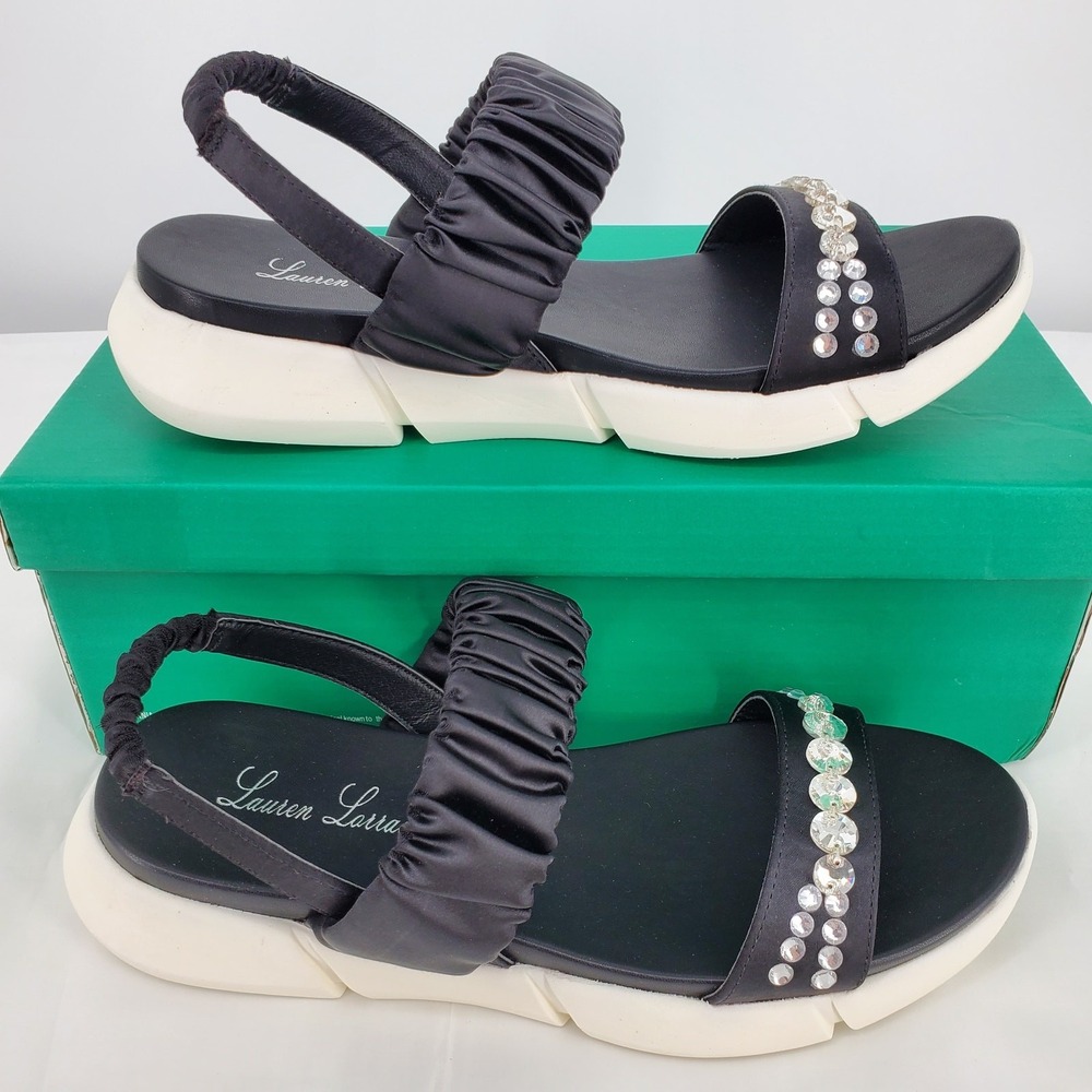 Lauren Lorraine Annie Black Satin Rhinestone Ruched Platform Sandals Womens 9